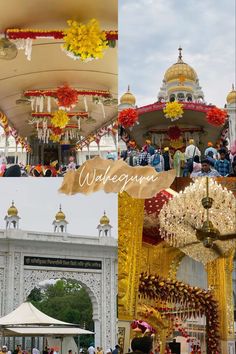 people are standing in front of a building with decorations on the outside and at the inside