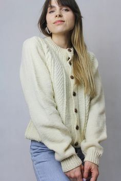 Hand Knit Braided Sweater Vintage Cream Color Wool Cardigan | Etsy Poland Cream Button Up Sweater, Cream Wool Cardigan With Button Closure, Cream Wool Sweater With Button Closure, Cream Wool Cable Knit Cardigan, Cream Wool Cardigan With Chunky Knit, Cream Wool Chunky Knit Cardigan, Cream Hand Knitted Winter Cardigan, Hand Knitted Cream Cardigan For Winter, Cozy Wool Cream Cardigan