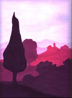 an abstract painting of a tree and mountains