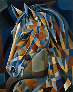 a painting of a horse with blue, yellow and orange colors on it's face