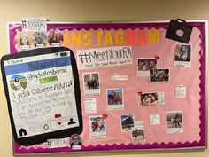 a bulletin board with pictures on it and instagrams attached to the back wall