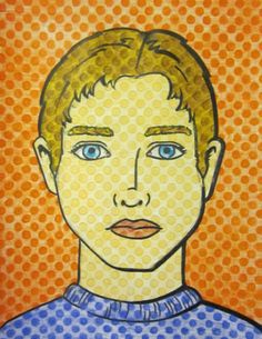 a painting of a man with blue eyes on an orange and yellow dotted wallpaper