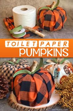 toilet paper pumpkins are sitting on a plate next to some twine spools