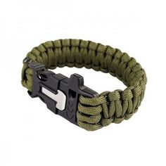 an army green paracorine bracelet with black buckles and metal clasp on white background