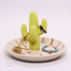 a small cactus sitting on top of a plate next to some rings and bracelets