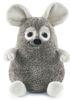 a gray stuffed animal with big eyes and large ears, sitting on the white floor