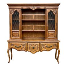 an old wooden cabinet with glass doors and drawers on the bottom shelf, isolated against a white background