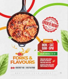 the flyer for forks and flavors is designed to look like it has been cooked in a skillet