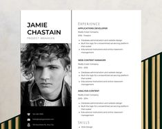 a professional resume is shown in black and white with gold stripes on the bottom corner