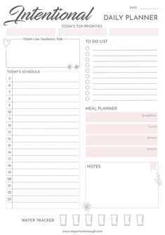 the printable daily planner is shown in pink and white with flowers on it, including notes