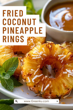 Fried Coconut Pineapple Rings with Creamy Dipping Sauce , These Fried Coconut Pineapple Rings are a delicious and tropical treat that’s perfect for a dessert or a sweet snack. The crispy coconut coating complements the juicy pineapple, and the creamy dipping sauce adds a perfect finishing touch. This recipe can be easily adapted to be gluten-free or vegan. Fried Pineapple Rings With Coconut, Fried Coconut Pineapple Rings, Fried Pineapple Rings With Creamy Coconut Dipping Sauce, Fried Pineapple With Coconut Crust, Pineapple Treats, Healthier Deserts, Pineapple Appetizers, Fried Pineapple, Vacation Meal Planning