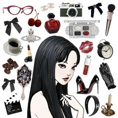 there is a woman surrounded by various items including shoes, lipstick, and other things