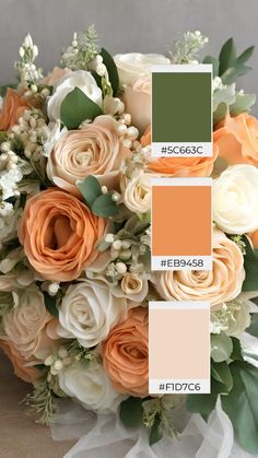 a bouquet with orange and white flowers is shown in the color scheme for this wedding