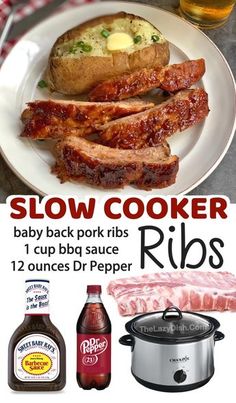 an advertisement for slow cooker ribs on a plate with beer and other food items