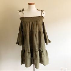 Brand New Olive Green Beach Coverup Dress. 100% Cotton String Tie Shoulder Smocked Front Size Small Last Picture Shows An Idea Of How To Wear A Coverup In This Way. Offers Are Welcome Box 31 Off-shoulder Beach Top With Smocked Back, Off-shoulder Tops With Smocked Back For Beach, Black Swimsuit Cover Up, White Beach Cover Up, Leopard Print Swimsuit, Coverup Dress, Beach Kimono, Blue White Top, Green Beach