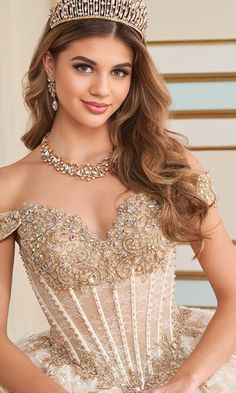 Off-the-shoulder quinceanera dress with a corset bodice and lace embroidery. Quinceanera Dresses Gold, Quince Dress, Quinceanera Dress, Corset Bodice, Embroidered Tulle, Prom Girl, Champagne Color, Lace Embroidery, Quinceanera Dresses