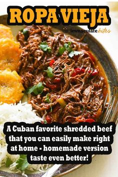 a plate with rice, meat and vegetables on it that says ropa vieja