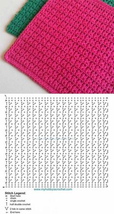 two crocheted squares are shown in pink and green