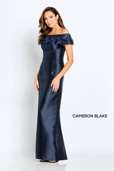 Gorgeous off-the-shoulder Mikado sheath gown, tip off the shoulder neckline with three-dimensional flowers and crystal accents. Shawl included. Cameron Blake, Powder Blue Color, Plastic Dress, Sheath Gown, Trumpet Skirt, Dress Order, Black Tie Event, Groom Dress, Formal Gowns