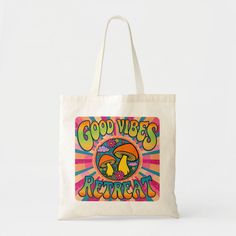 Good vibes retreat mushroom Mushroom Tote Bag, Good Vibes, Stuffed Mushrooms, Created By, Stars