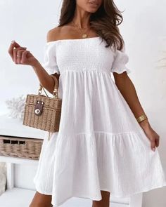 Lasaky - Ruched Off Shoulder Casual Dress Off Shoulder Casual Dress, Boho Fits, Loose Mini Dress, Mini Robes, Smocked Dress, Vestido Casual, Casual Summer Dresses, Outfit Casual, Hem Dress