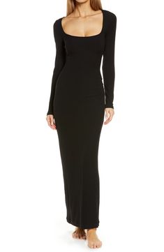 SKIMS Soft Lounge Long Sleeve Dress | Nordstrom Body Hugging Dress, Fitted Bodycon Dress, Morticia Addams, Basic Skirt, Fitted Midi Dress, Sleeveless Bodycon Dress, Amy Adams, Long Black Dress, Black Wrap Dress