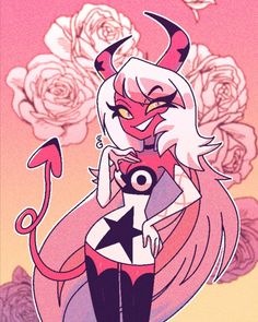 an anime character with horns and stars on her chest, standing in front of roses