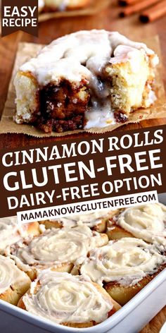 cinnamon rolls gluten - free dairy - free option with text overlay for easy recipe