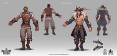 the concept art for an animated video game character, with different poses and hair styles