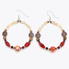 Step into the world of earthy elegance with our "Tribal Red Hoops," handcrafted exclusively by Art Filled Soul. These unique earrings feature a harmonious blend of warm, earthy tones, adding a bohemian touch to your style. Crafted with care, each pair is designed to make a statement while embracing the beauty of natural materials. Features:     Materials: Glass beads, bone beads, and natural stone, creating a rich, textured look.     Ear Wires: Sterling Silver for comfort and durability.     Size: 2 1/4" x 2 1/4" approx., a perfect size for both casual and dressy occasions.     Weight: Lightweight at just 0.6oz. (18g), so you can wear them all day with ease. Whether you're dressing up for a special occasion or adding a touch of boho-chic to your everyday look, these Tribal Red Hoops are a Bohemian Red Earrings With Natural Stones, Artisan Adjustable Czech Glass Earrings, Artisan Czech Glass Earrings, Adjustable Earthy Beaded Earrings As Gift, Earthy Adjustable Red Jewelry, Adjustable Earthy Red Jewelry, Earthy Red Adjustable Jewelry, Artisan Red Earrings With Natural Stones, Handmade Red Bohemian Hoop Earrings