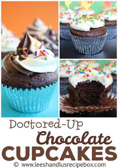 chocolate cupcakes with white frosting and sprinkles are shown in four different pictures