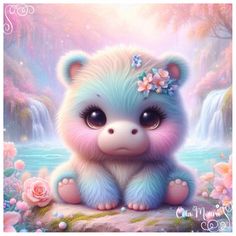 a painting of a little bear with flowers on its head sitting in front of a waterfall