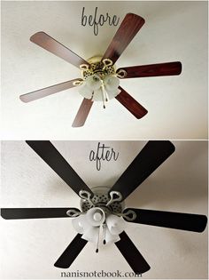 the ceiling fan before and after it is painted white with black blades, which are gold