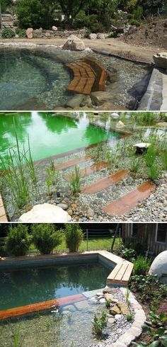 two different pictures of a small pool in the middle of a yard with rocks and grass