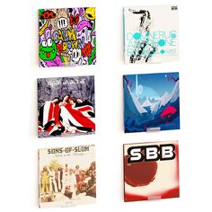 four different album covers are arranged on a white surface, including one with the word sbb