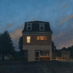 a painting of a two story house at night