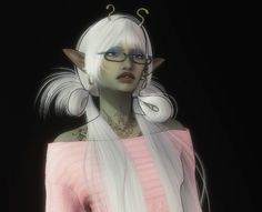 an animated image of a woman with white hair and glasses on her head, in a pink dress