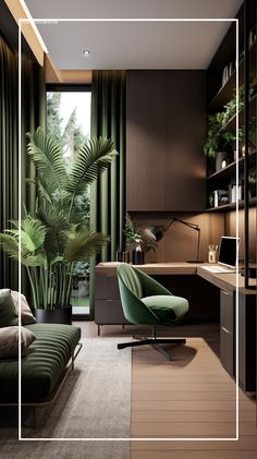 a living room filled with furniture and a plant next to a window covered in green curtains