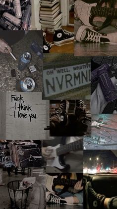 a collage of photos with various items and words on them including shoes, books, cans, water bottles