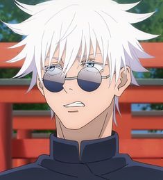 an anime character with white hair and sunglasses looking at something in front of the camera