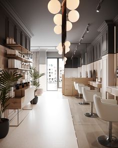 the interior of a salon with chairs and lights