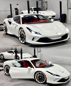 two white sports cars parked in a garage