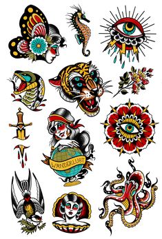 an assortment of tattoo designs on a white background