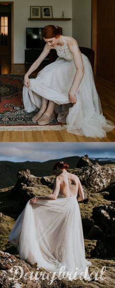 two pictures of a woman in a wedding dress sitting on the ground and another photo of a woman wearing a white gown