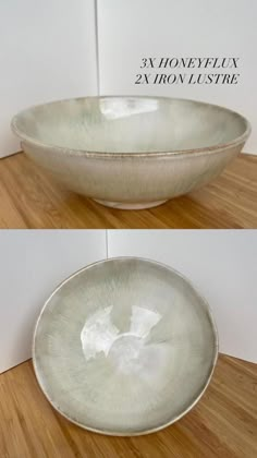 two pictures of a white bowl sitting on top of a wooden floor