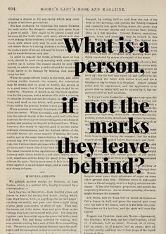 an open book with the words what is a person, if not the marks they leave behind?