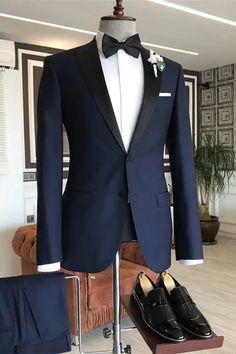 Christopher Navy Blue Peaked Lapel Two Pieces Formal Business Suits Dark Blue Tuxedo, Dark Navy Blue Suit, Navy Blue Tux, Navy Blue Groomsmen, Wedding Suits Men Blue, Navy Blue Groom, Blue Groomsmen Suits