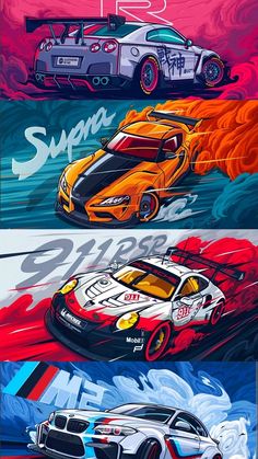 three racing cars in different colors and sizes