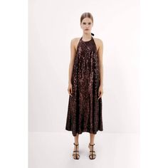 Zara Sequin Halter Dress 2712/306 Brown Size: Small New With Tags. Dress With Tied Halter Neck, Sequin Applique. Interior Lining. Size: Small Measures Flat Approx.: Armpit To Armpit: 15.75" Inseam: 28" Color: Brown | 2712/306 Outer Shell 100% Polyester Lining 100% Polyester * Except For Trimmings New With Tags. Zara Brown Sequin Halter Dress 2712/306 Small New With Tags. Summer Midi Length Sequin Dress, Summer Midi Sequin Dress, Chic Sequined Dress For The Beach, Chic Sequined Beach Dress, Zara Sequin Dress For Spring, Spring Sequin Halter Dress, Zara Halter Neck Midi Dress For Party, Summer Date Night Sequin Midi Dress, Summer Midi Length Sequin Dress For Date Night