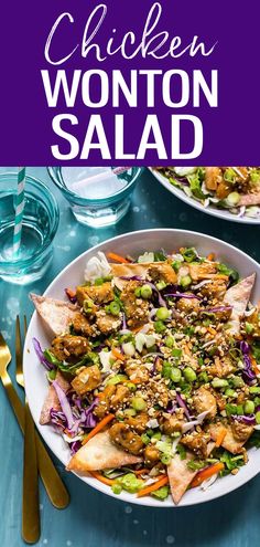 chicken wonton salad on a plate with fork and knife next to it, text reads chicken wonton salad